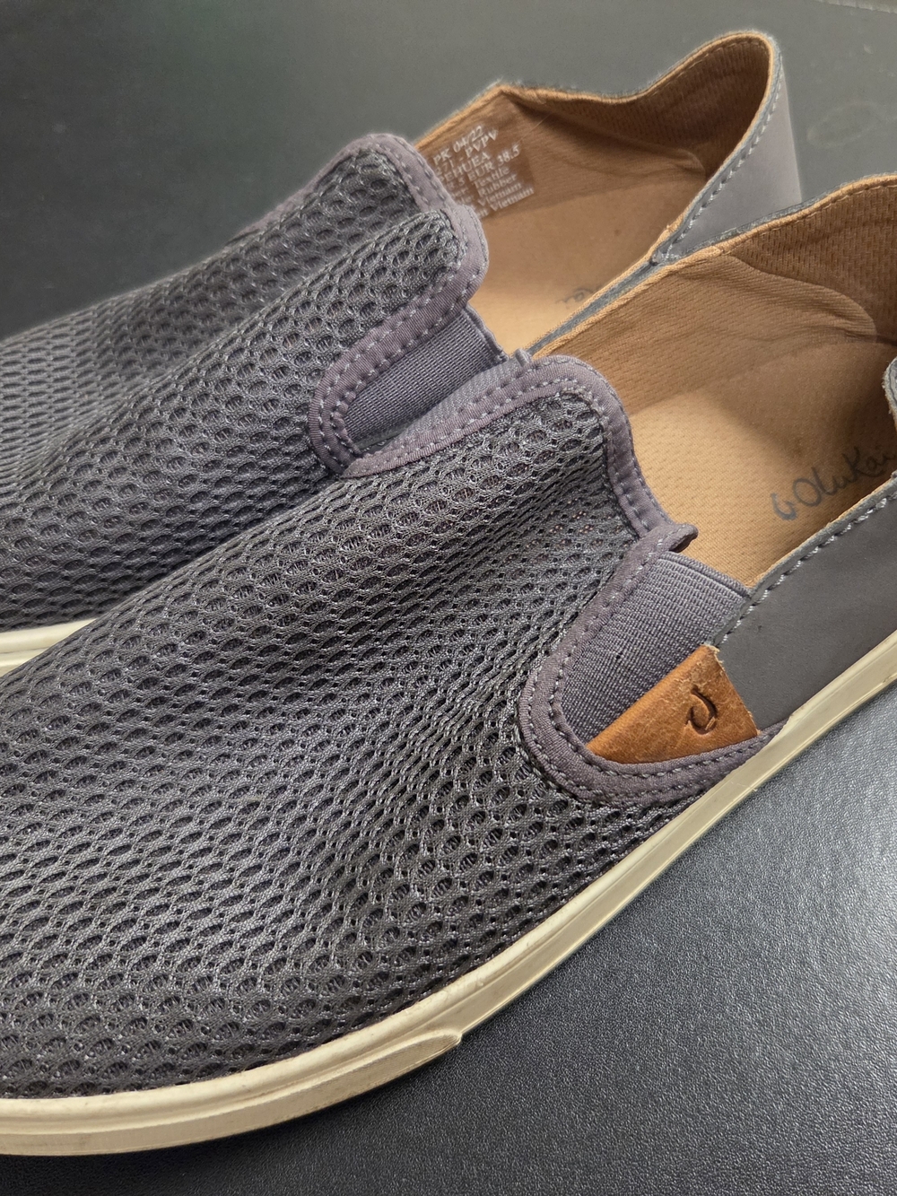OluKai Women's Charcoal Mesh Slip-On Sneakers with Tan Accent